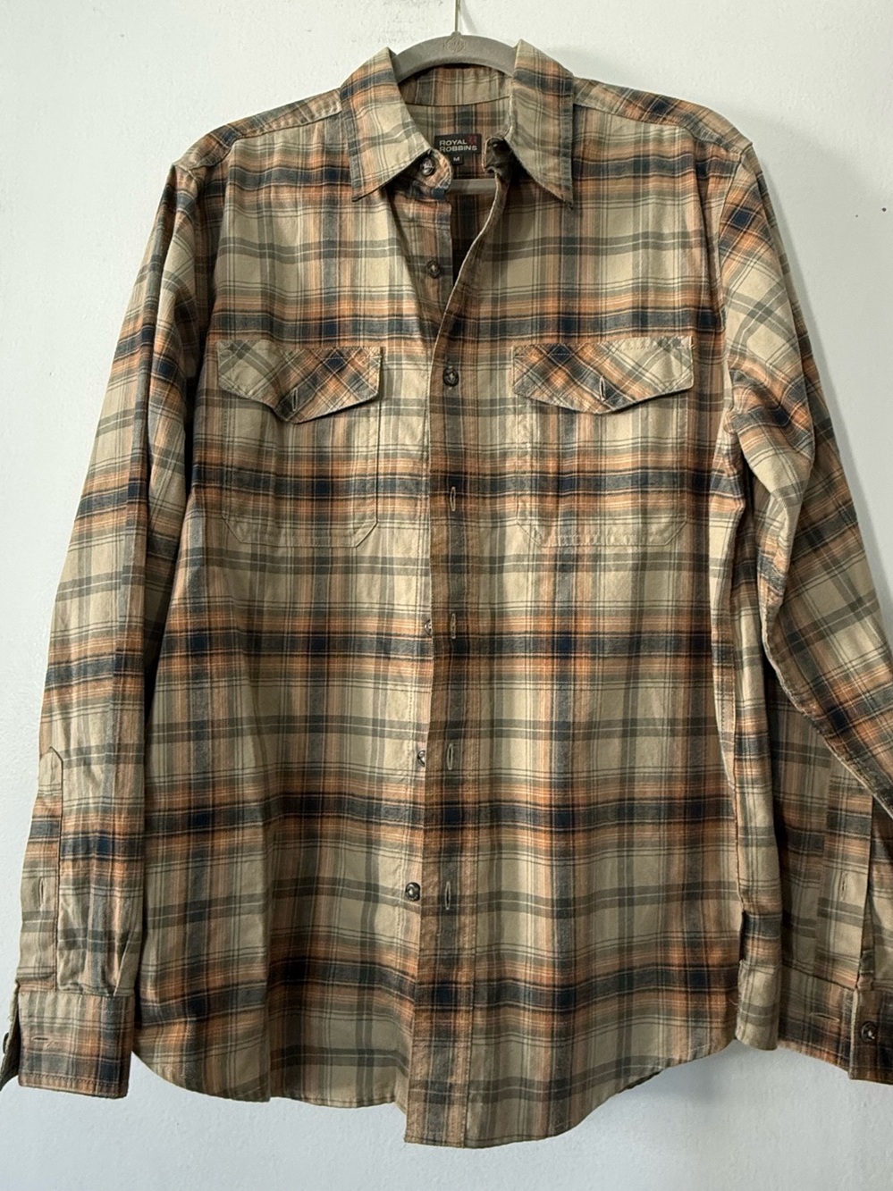 Royal Robbins Beige, Navy & Tan Plaid Button-Up Shirt